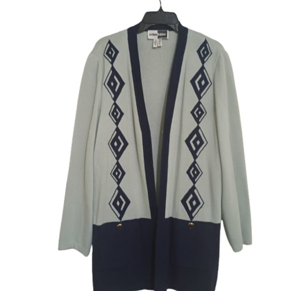 NWT! Arthur Kohler Vintage Embroidered Geometric Diamond Open Front Cardigan 18